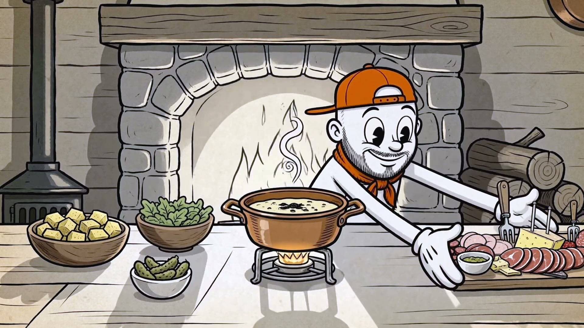 Dessin animé : le chef FD&M prépare la fondue devant la cheminée d’un chalet.