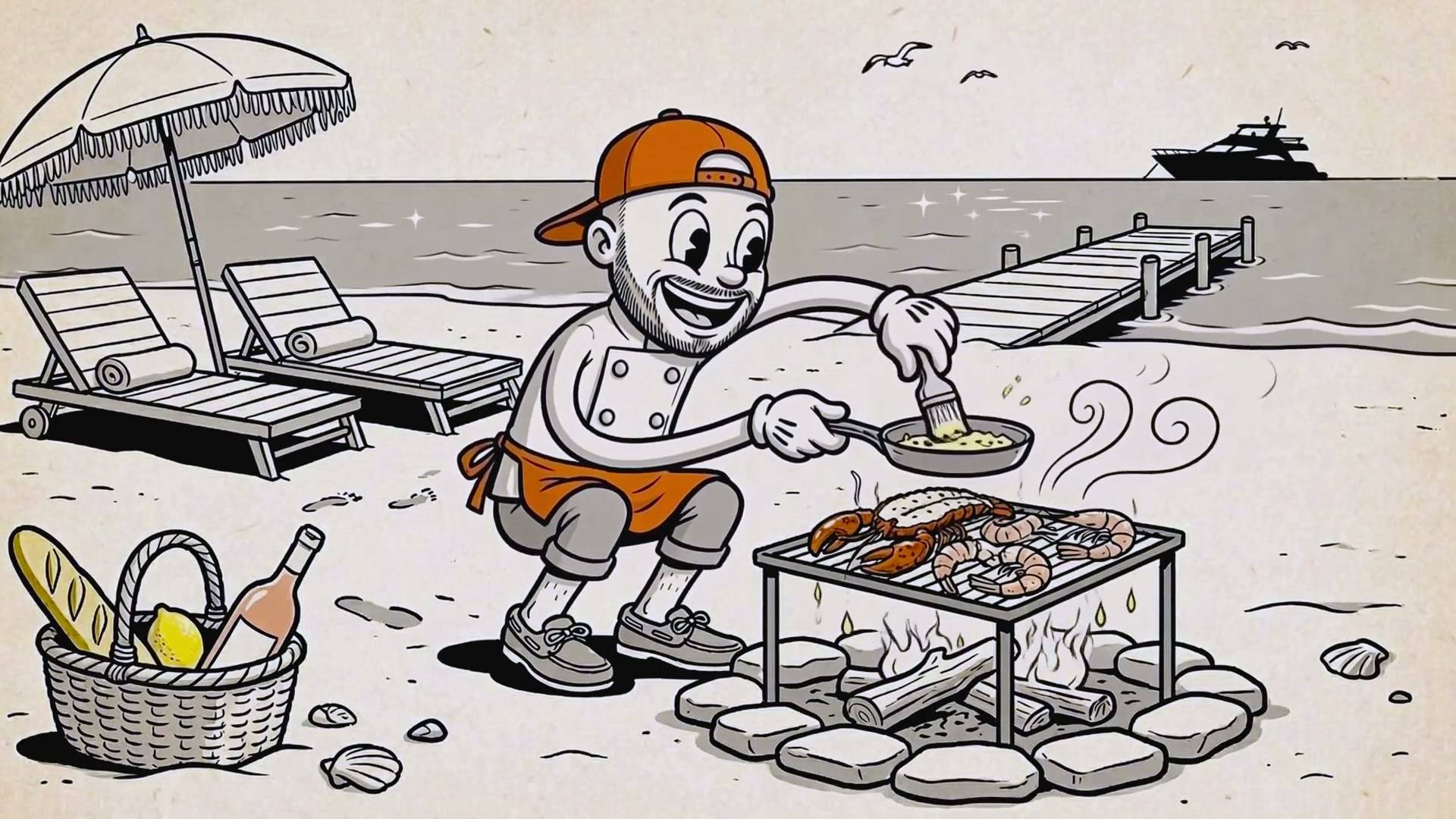 Dessin animé : le chef FD&M grille homards et gambas sur la plage, un yacht au large.