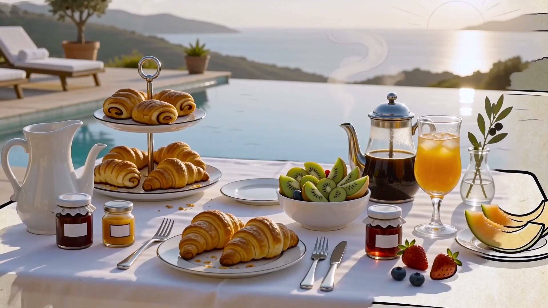 Petit déjeuner dressé au bord d’une piscine, face à la mer.
